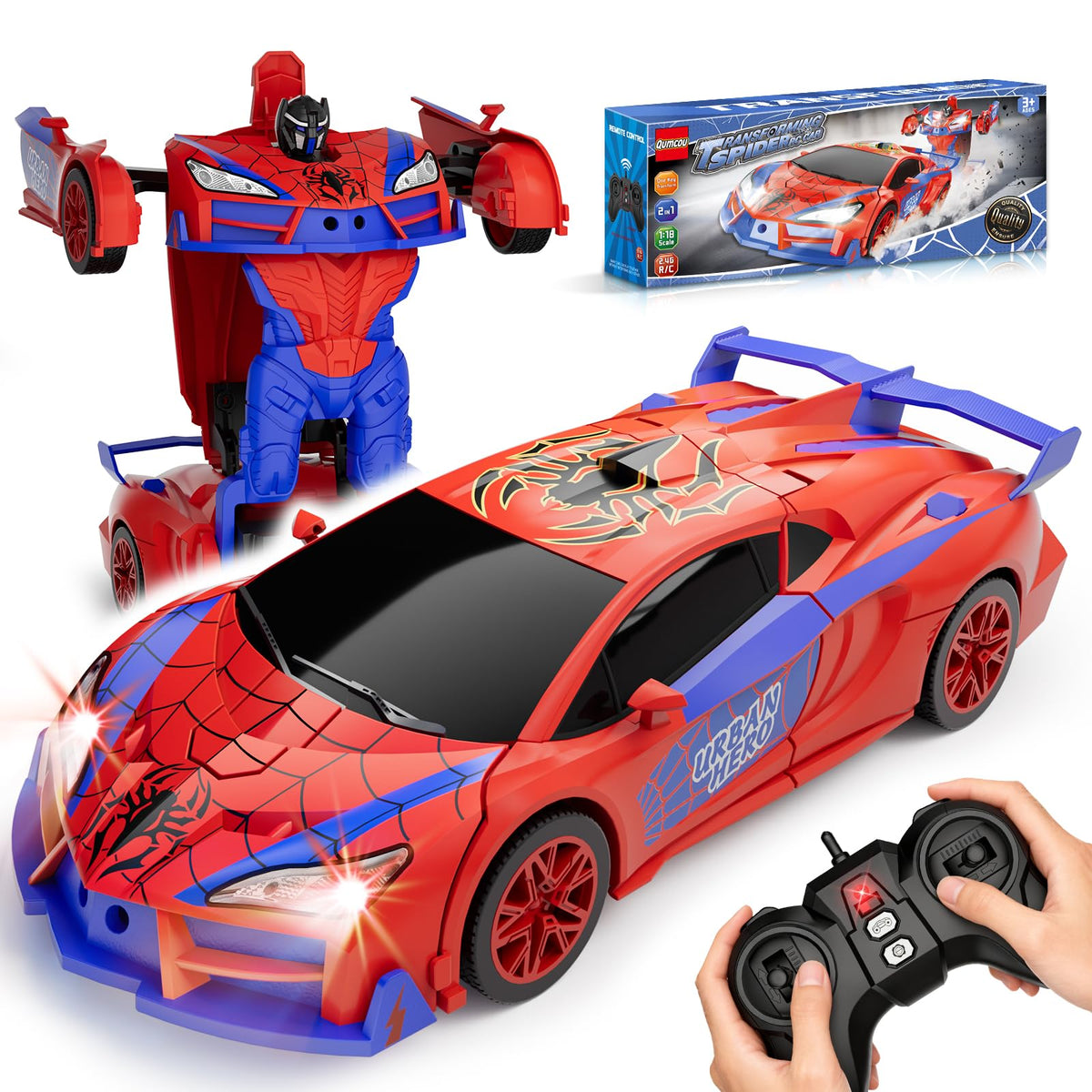 Qumcou coche RC frontal en caja mostrando presentación y facilidad de regalo