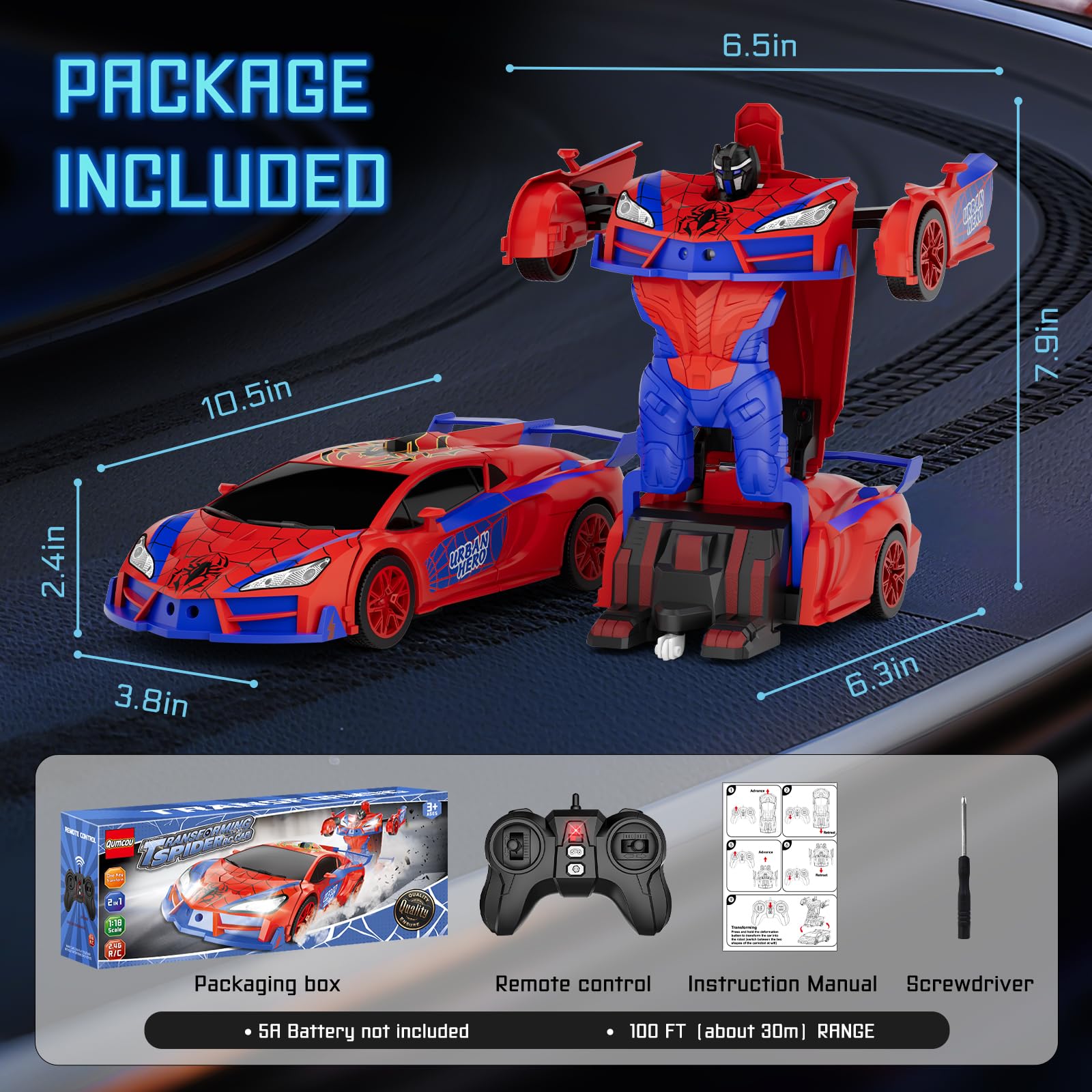 Qumcou coche RC en escena de juego exterior ilustrando uso activo