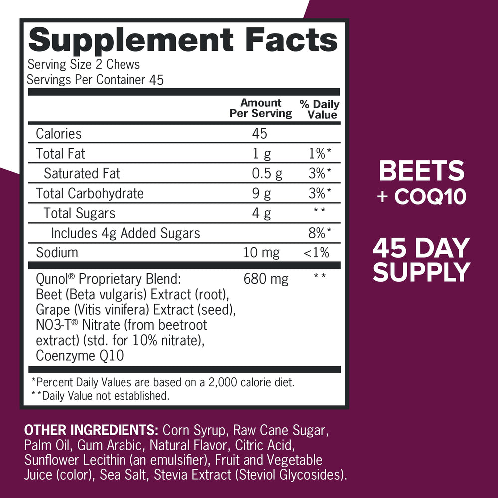 Qunol raw beet root next to chews showing natural nitrate source benefits