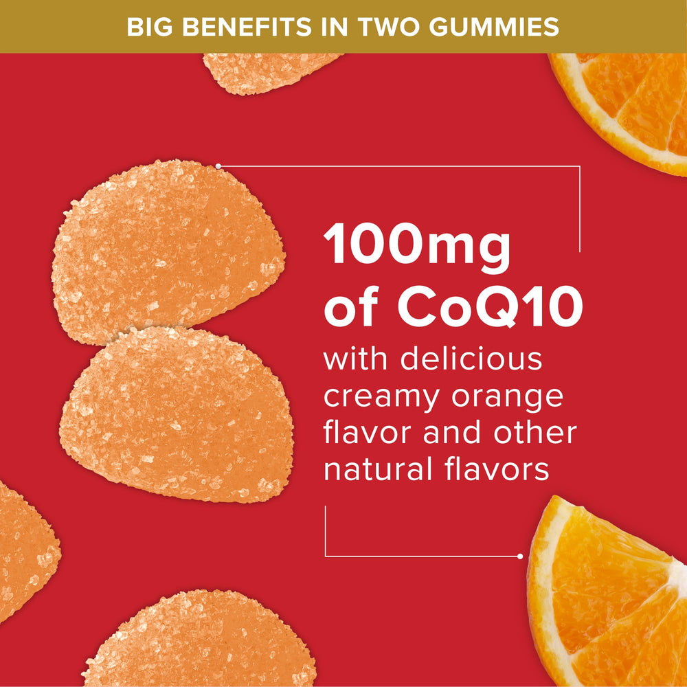 Hand holding one Qunol gummy to show serving size and portability