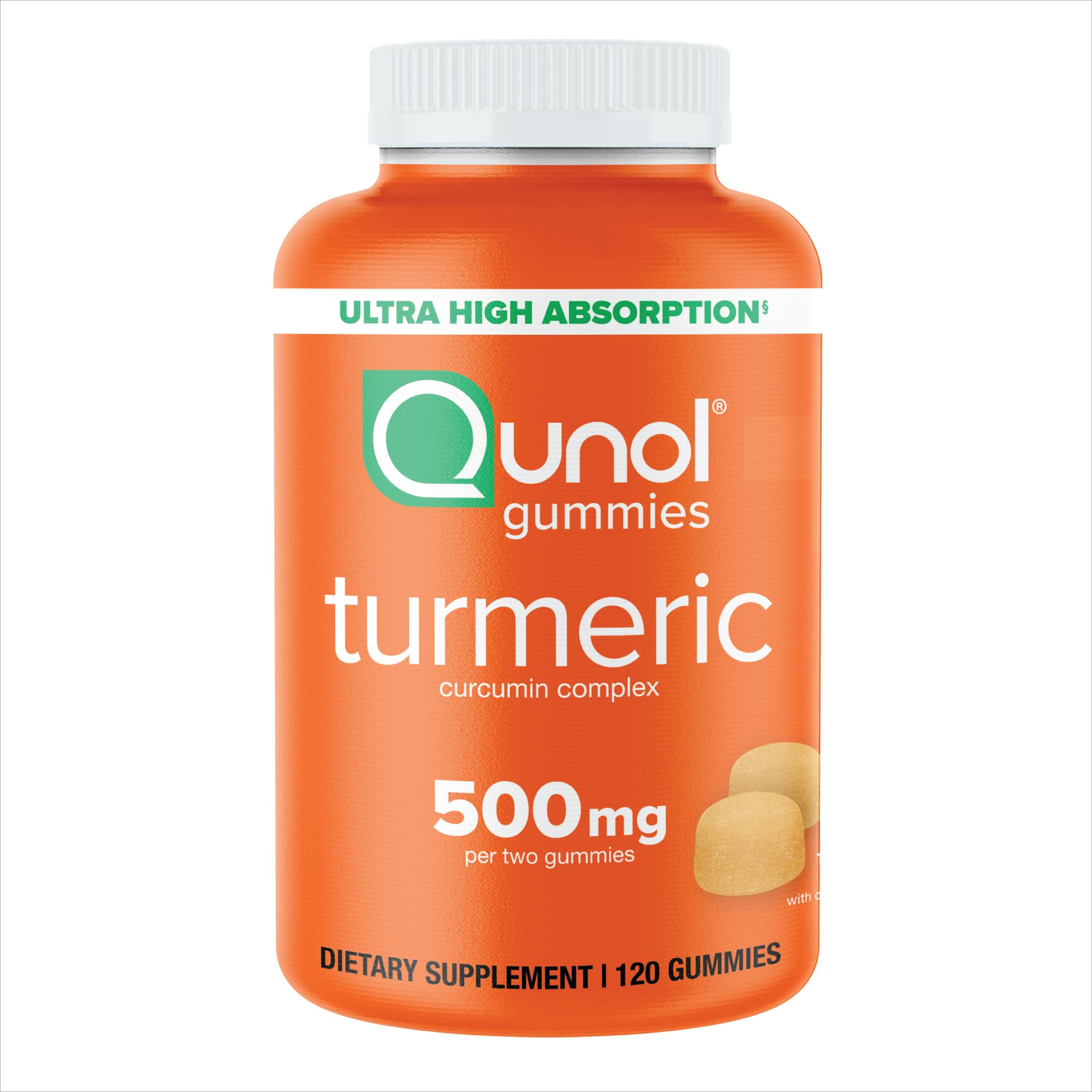 Qunol gomitas turmeric frontal, envase y dosis visible