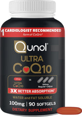 Qunol frasco frontal mostrando 90 softgels y rápida absorción