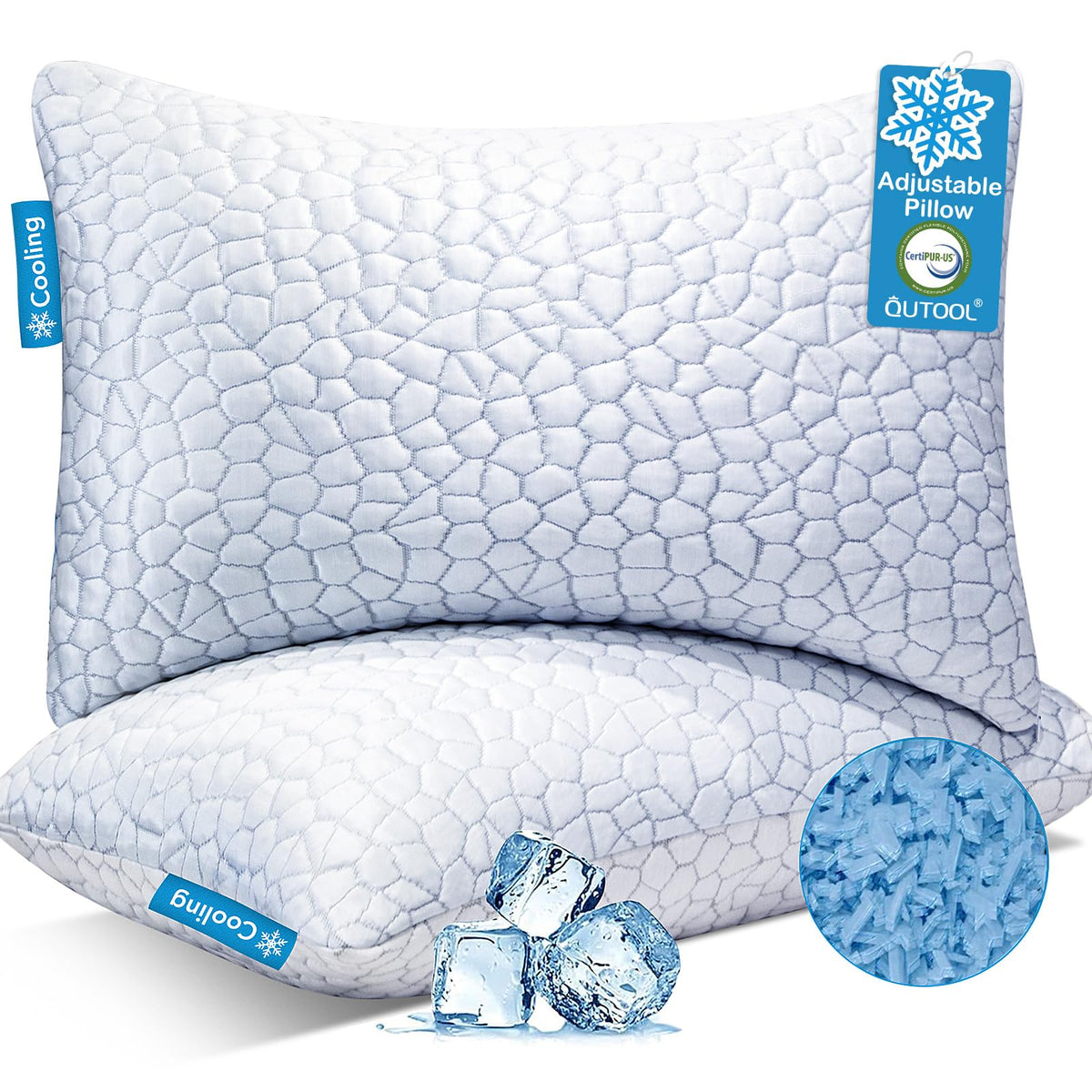 QUTOOL front view of two pillows showing clean design and immediate cooling comfort