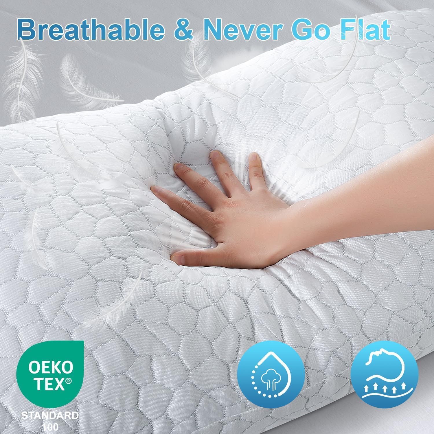 QUTOOL pillow on bed being used by sleeper illustrating cooling support