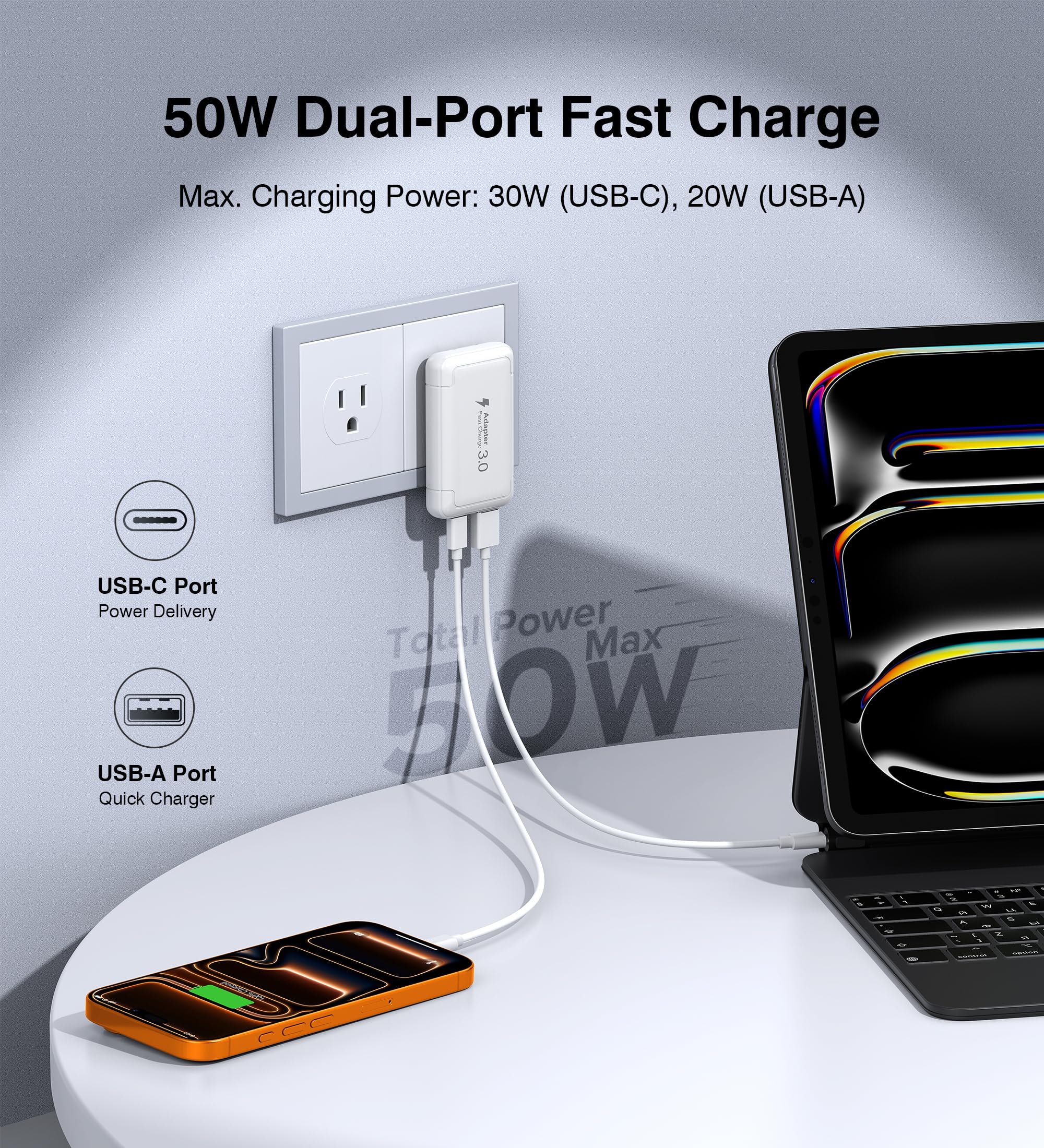 Qwinjwin cargador en uso alimentando iPhone y AirPods simultáneamente