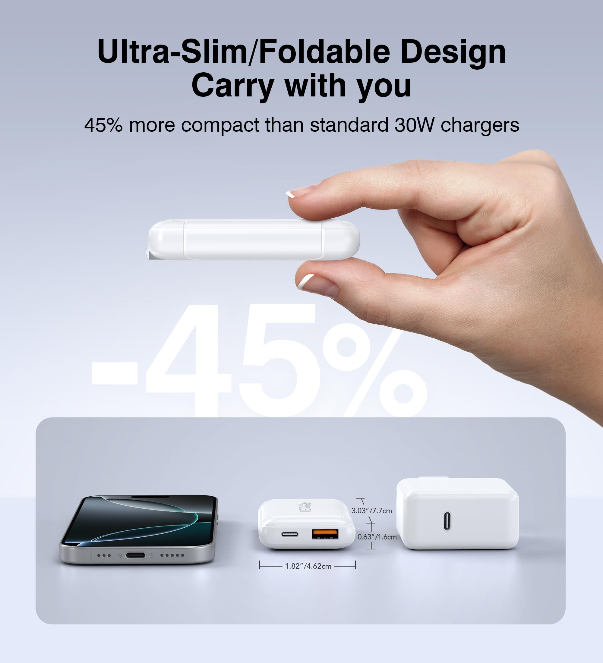 Qwinjwin puertos USB-C 30W y USB-A 20W entregando carga rápida