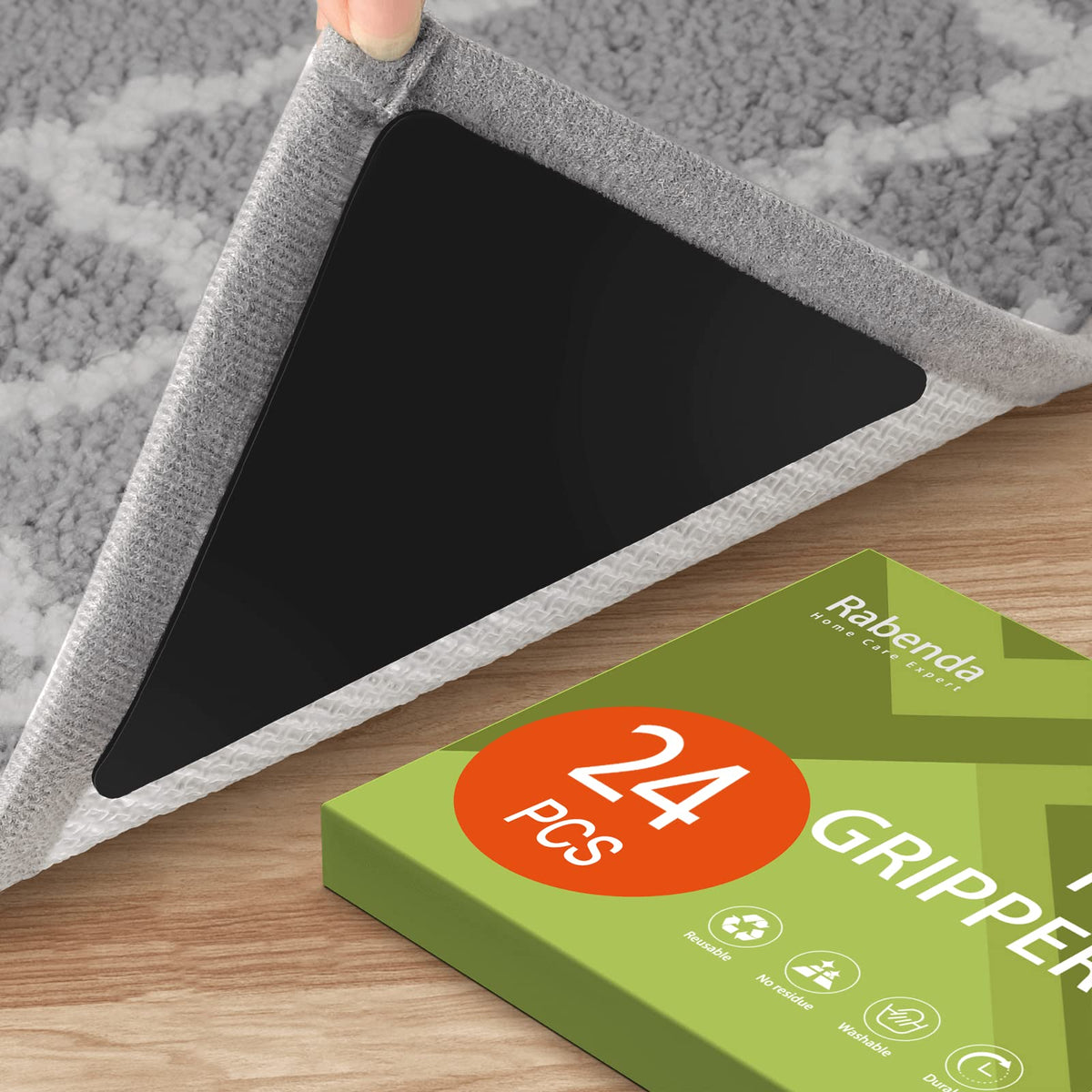 Rabenda paquete frontal con 24 grippers visible y presentación compacta, mantiene alfombras seguras