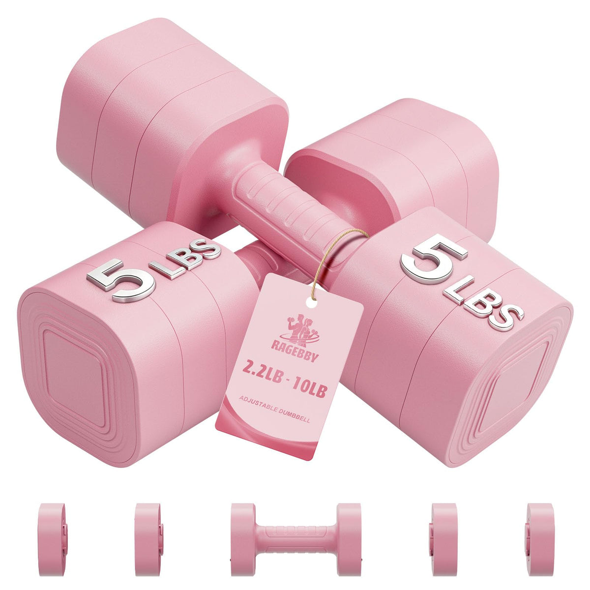 Ragebby front packaging showing the compact 3-in-1 dumbbell set and benefits