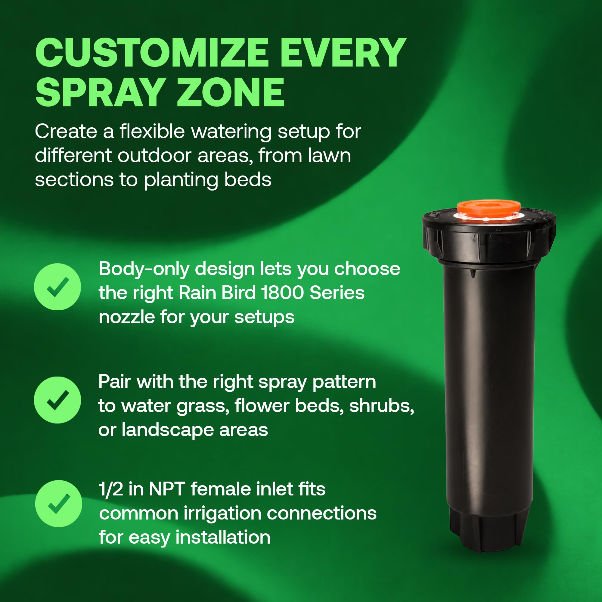 Rain Bird close-up of orange cap on 1804LN body, clear access for quick nozzle swaps
