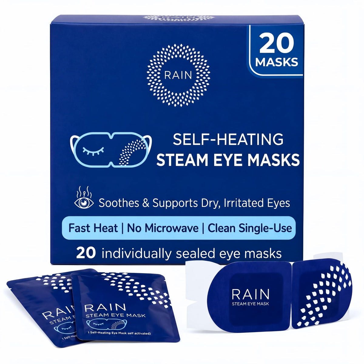 Rain empaque frontal mostrando 20 mascarillas y conveniencia de uso