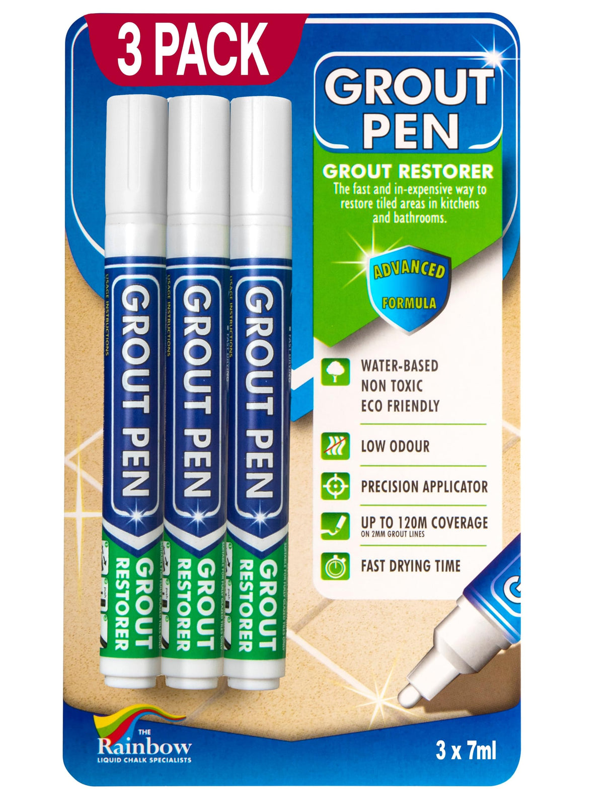Rainbow Chalk pen front pack showing three white grout markers and easy refresh benefit