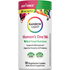 Rainbow Light envase frontal de Women’s One 50+ mostrando 90 caplets y diseño claro