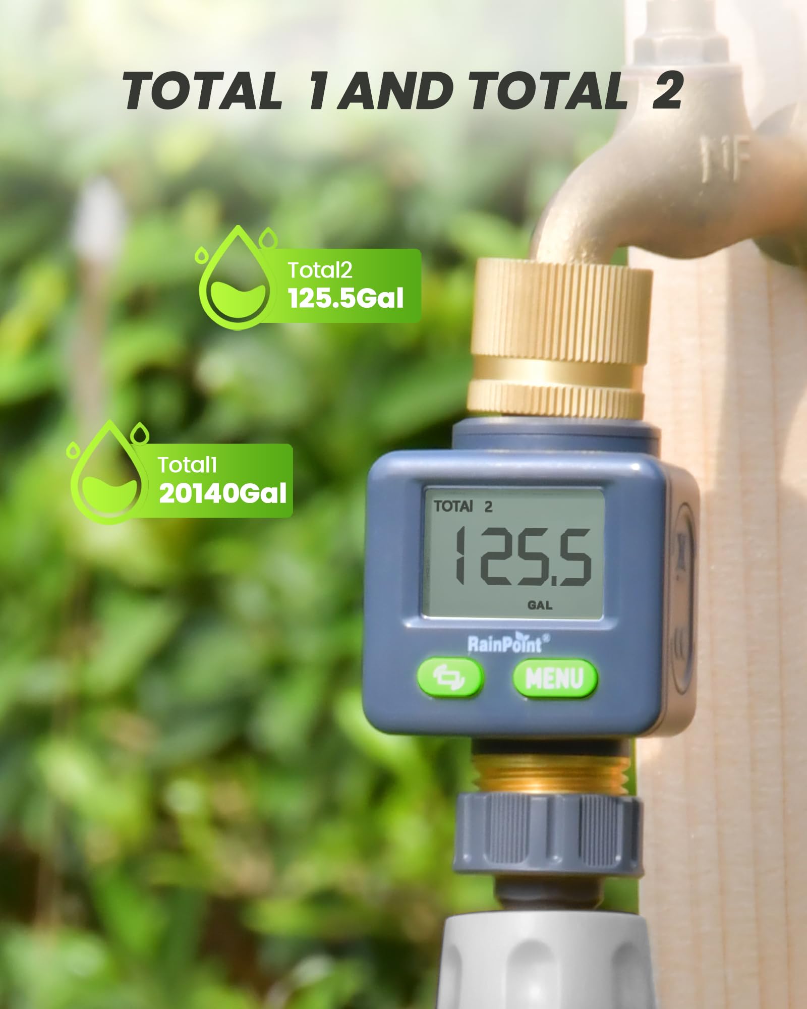 RAINPOINT connected to garden sprinkler, real-time water tracking for irrigation control