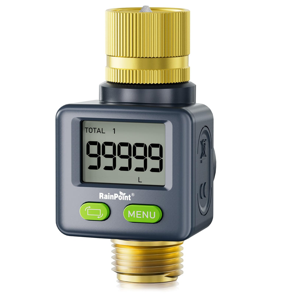 RAINPOINT front view showing brass flow meter and clear display, durable outdoor measurement