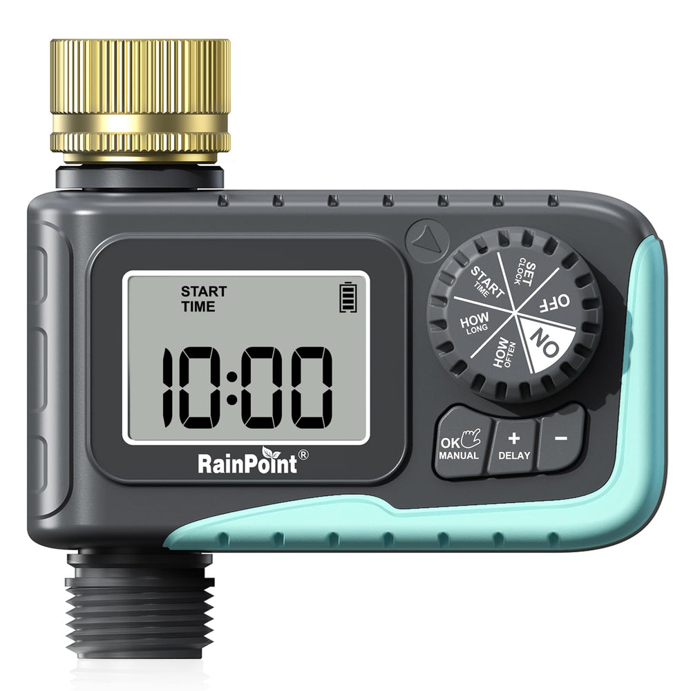 RAINPOINT front view showing brass swivel and control display for reliable watering