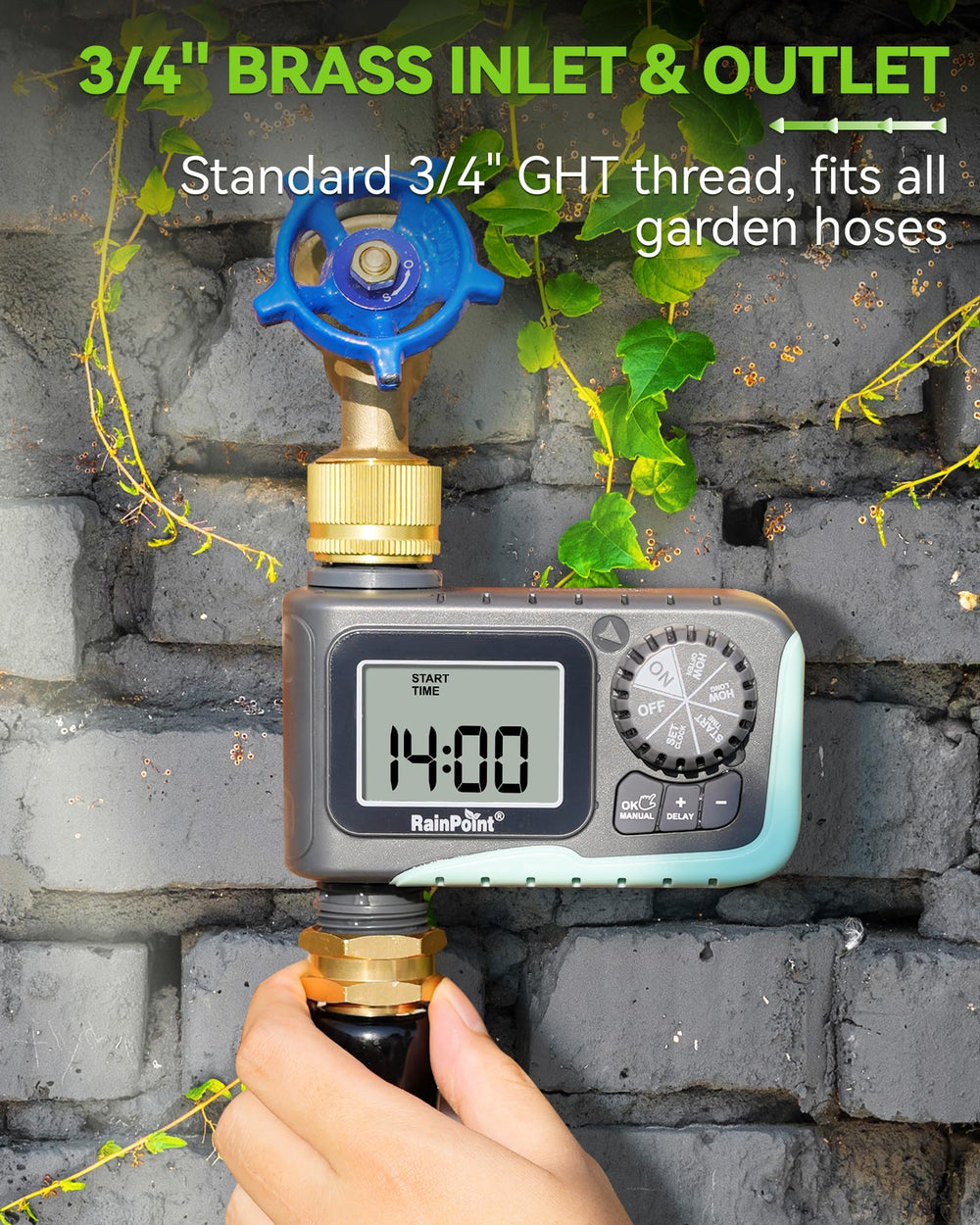 RAINPOINT connected to garden sprinkler showing precise scheduled watering benefit