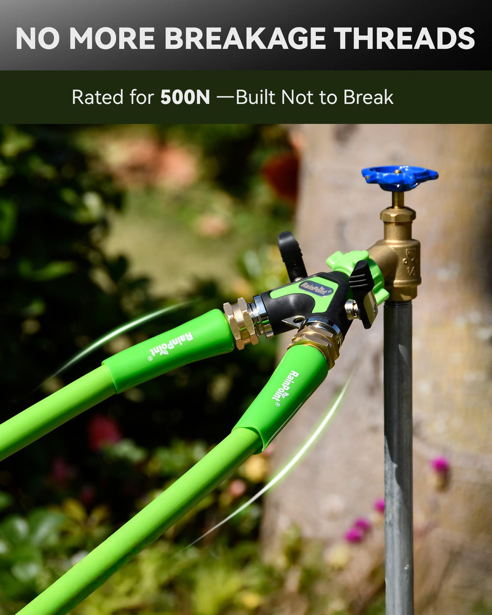 RAINPOINT splitter in use with sprinkler and nozzle demonstrating full-flow performance