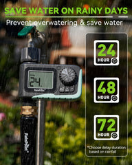 RAINPOINT user pressing manual button illustrating instant watering convenience
