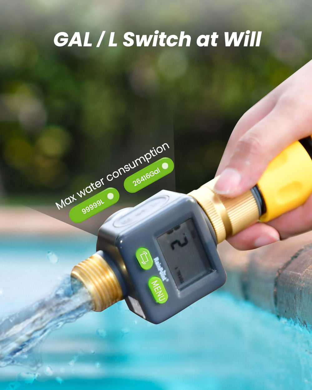 RAINPOINT beside garden hose for scale, compact size for versatile outdoor use