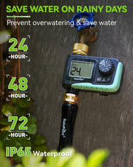 RAINPOINT installed on outdoor faucet demonstrating easy attachment and stable fit