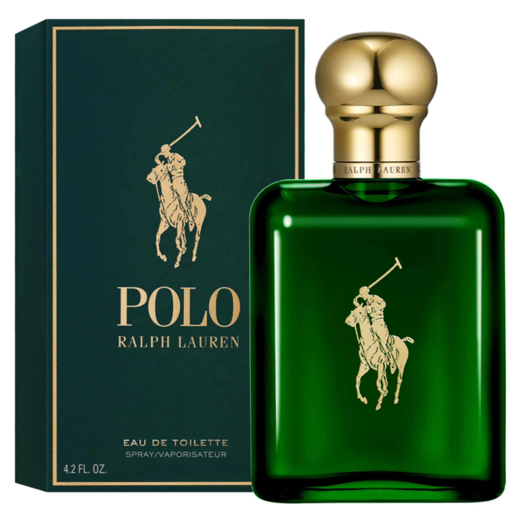 Ralph Lauren bottle front view showing deep green glass and classic label benefit: refined presentation