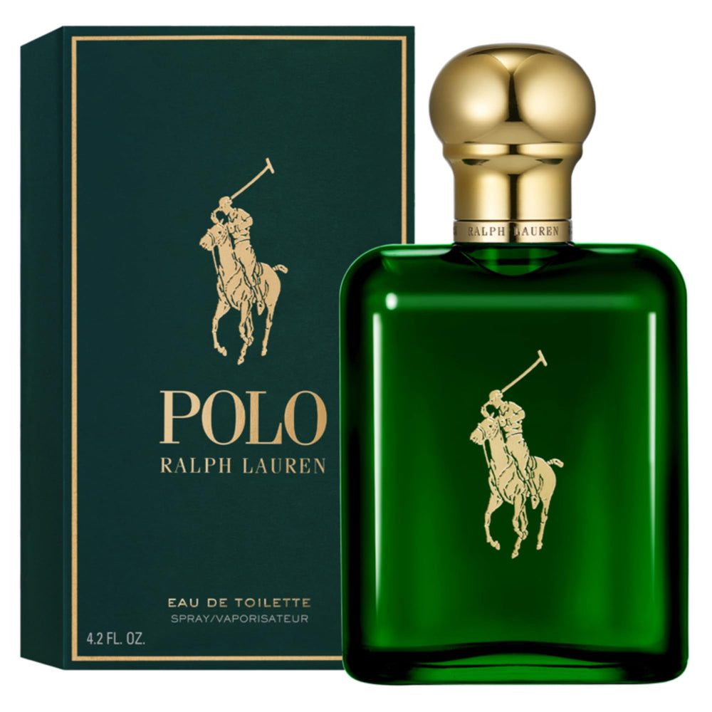 Ralph Lauren bottle front view showing deep green glass and classic label benefit: refined presentation
