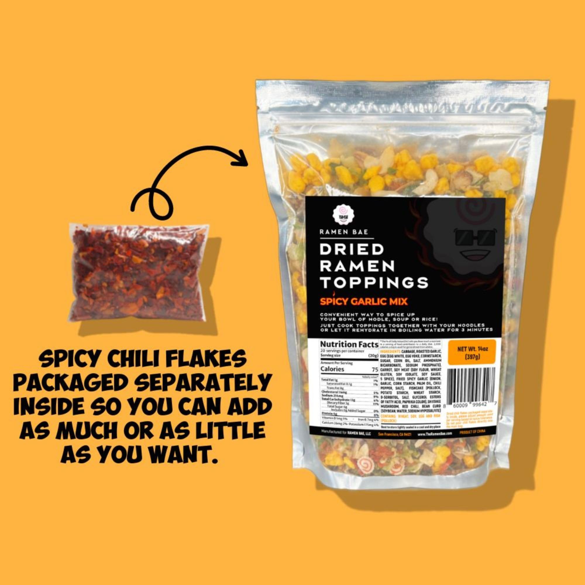 Ramen Bae sobre de hojuelas de chile separado para controlar picante