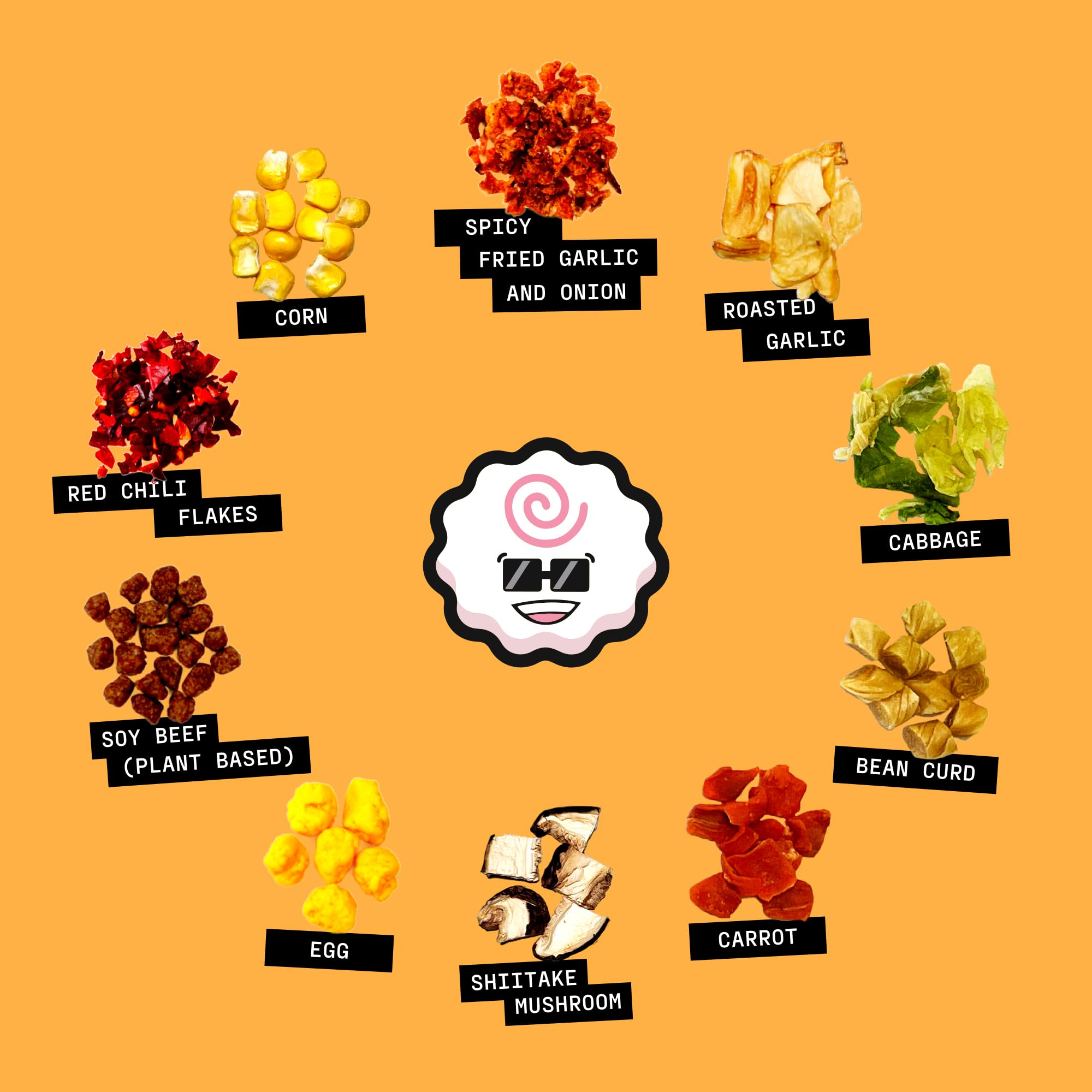 Ramen Bae primer plano de textura que destaca ajo y trozos rehidratables