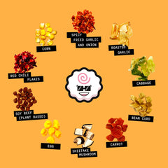 Ramen Bae primer plano de textura que destaca ajo y trozos rehidratables