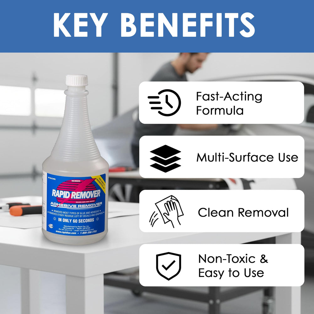 Rapid Tac remover liquid close-up highlighting smooth texture and fast action