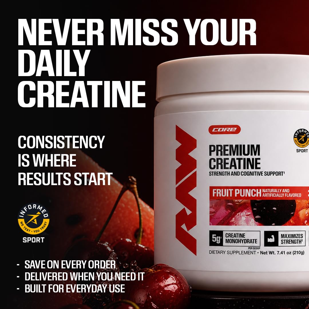 Detalle de sellos y certificaciones en el envase RAW creatine