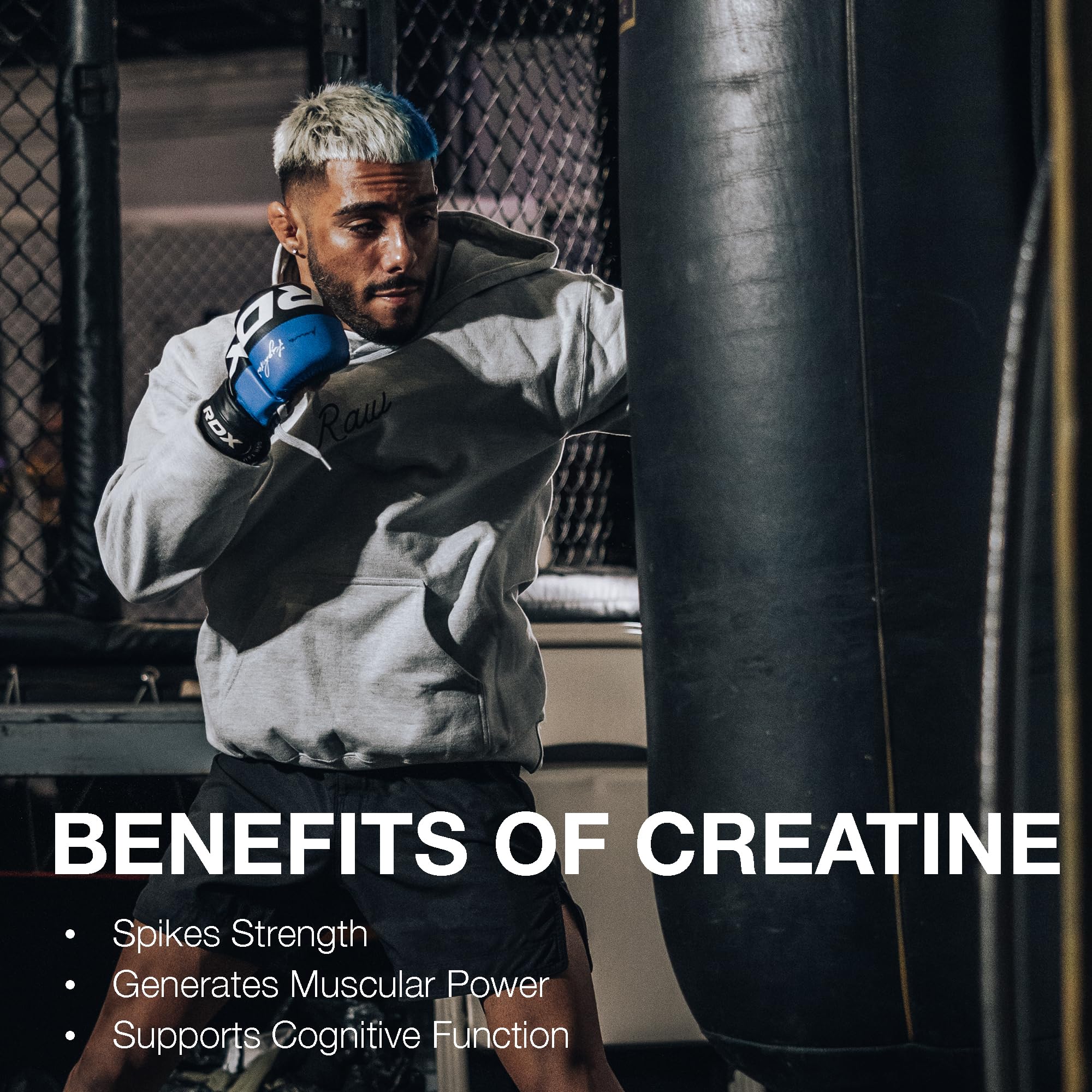 Etiqueta de RAW creatine con sello Informed Sport y fabricación USA