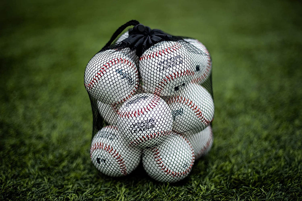 Rawlings mesh bag with baseballs for easy transport and storage