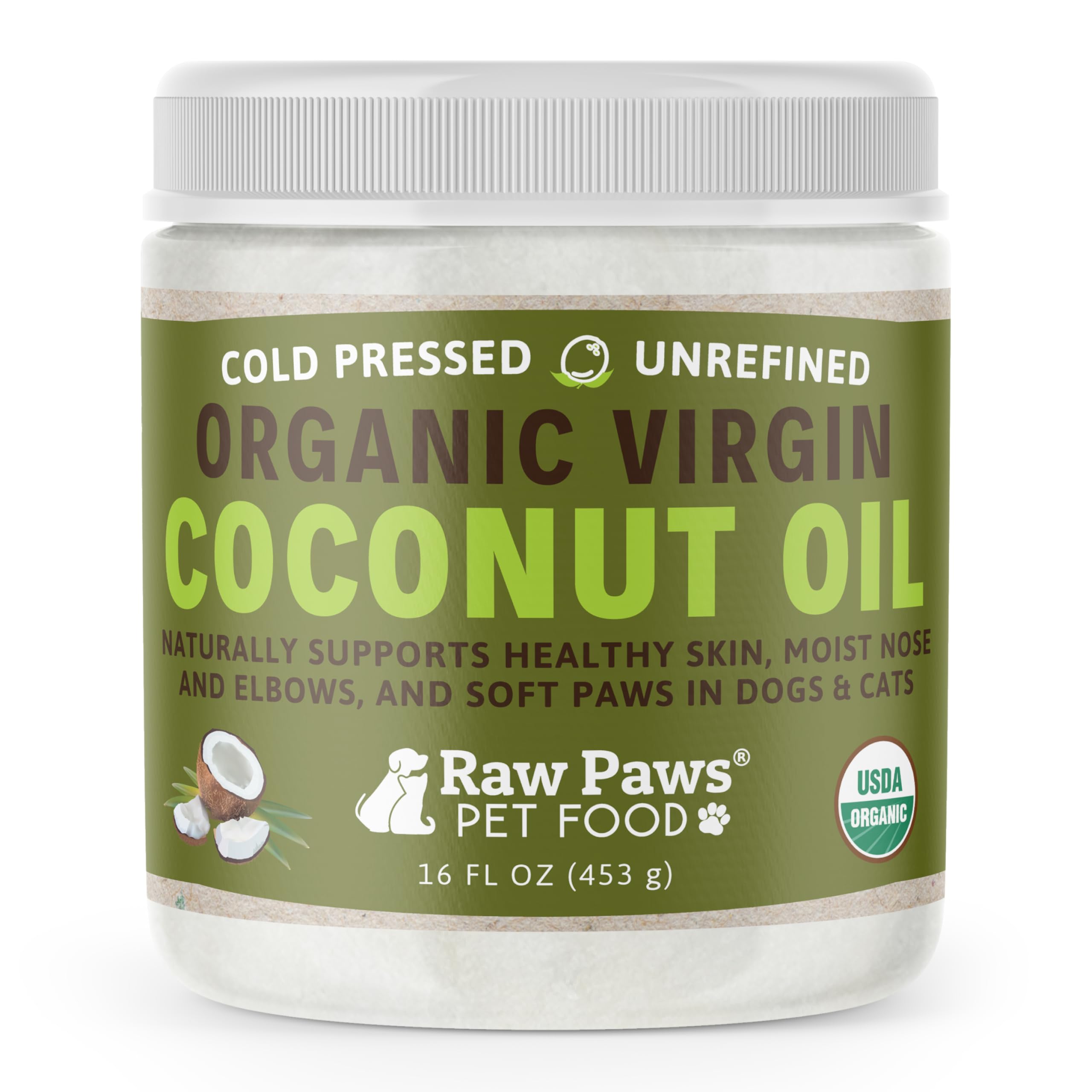 Raw Paws frasco frontal muestra aceite puro y etiqueta clara, hidratación natural