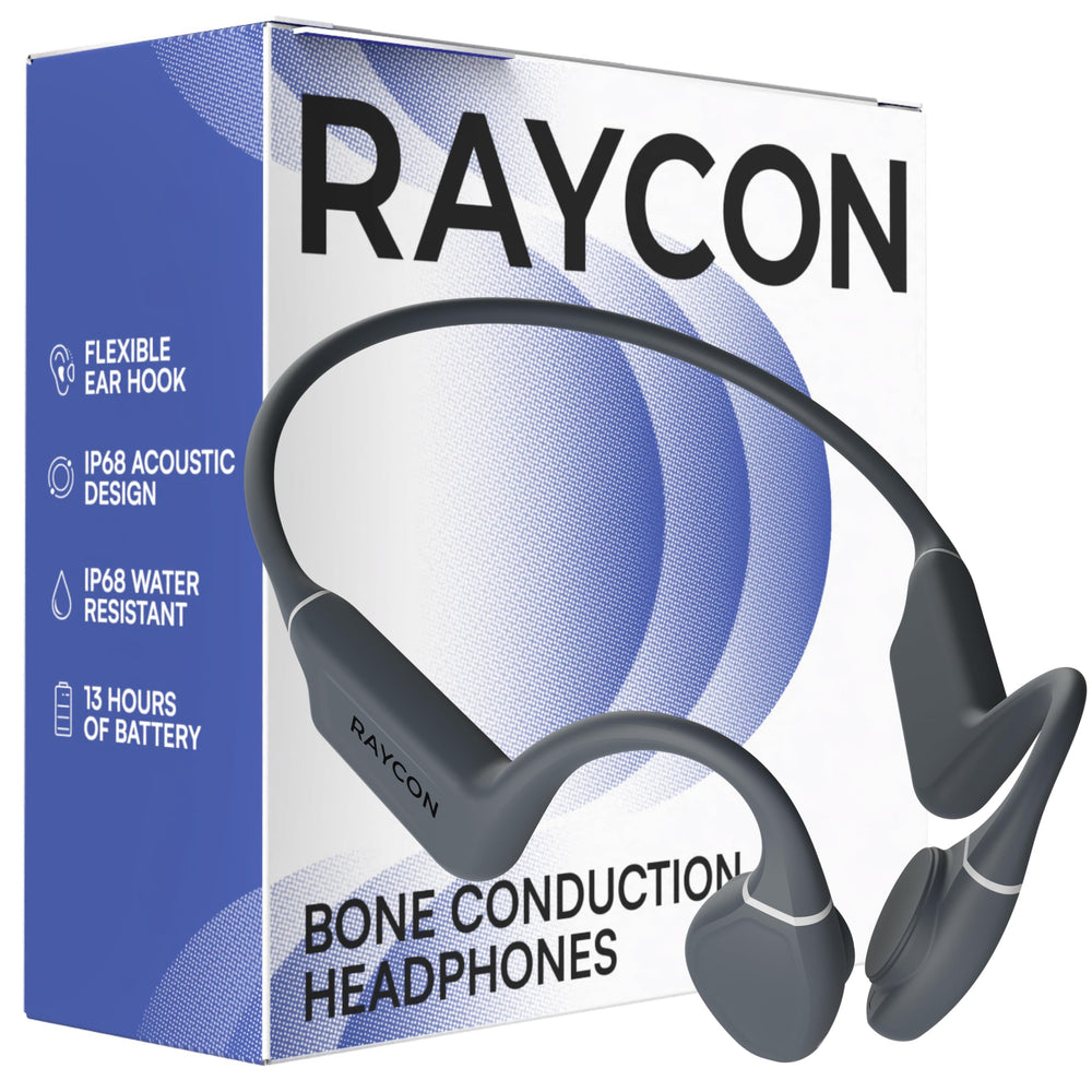 Raycon front view gray showing open-ear frame and clean profile for safe listening