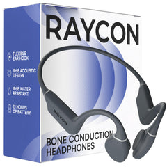 Raycon front view gray showing open-ear frame and clean profile for safe listening