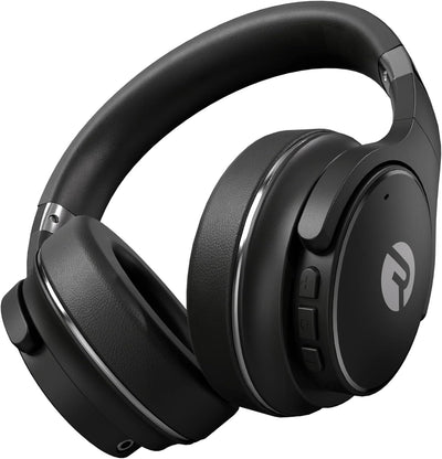 Raycon front view showing black over-ear design and clean lines for travel