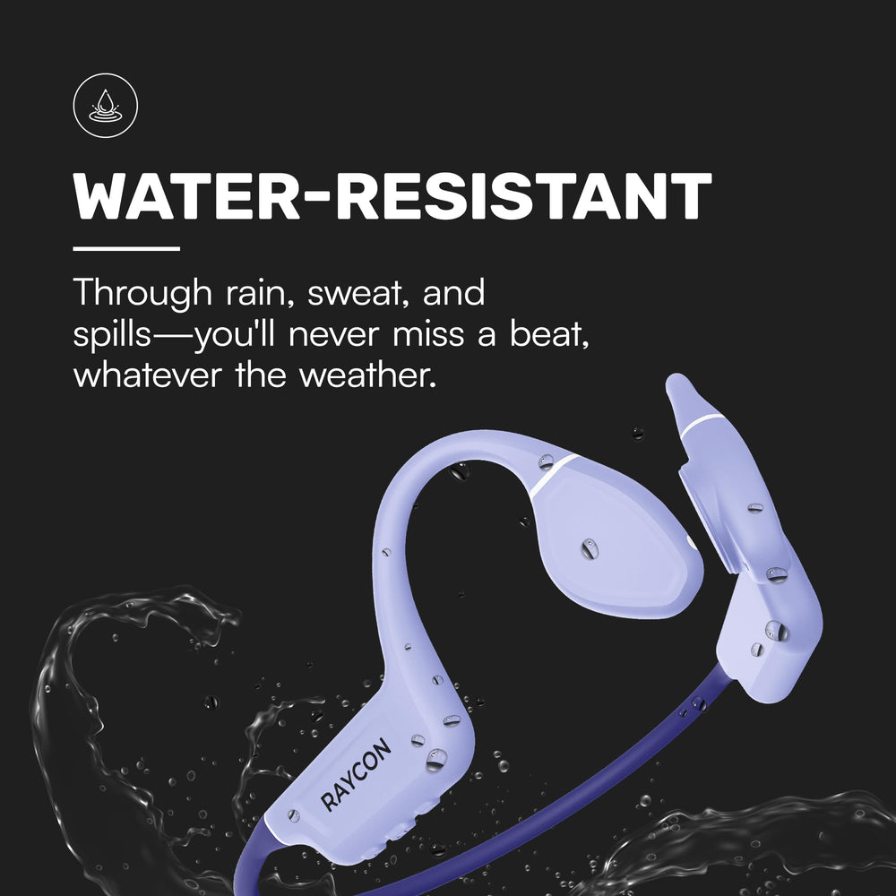 Raycon label and ports detail displaying controls and water-resistant build for durability