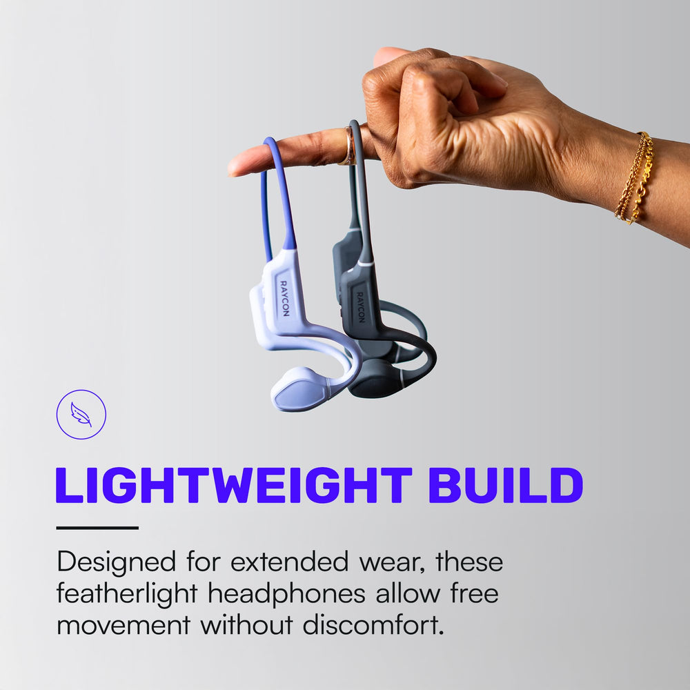 Raycon scale comparison with hand illustrating lightweight design for all-day comfort