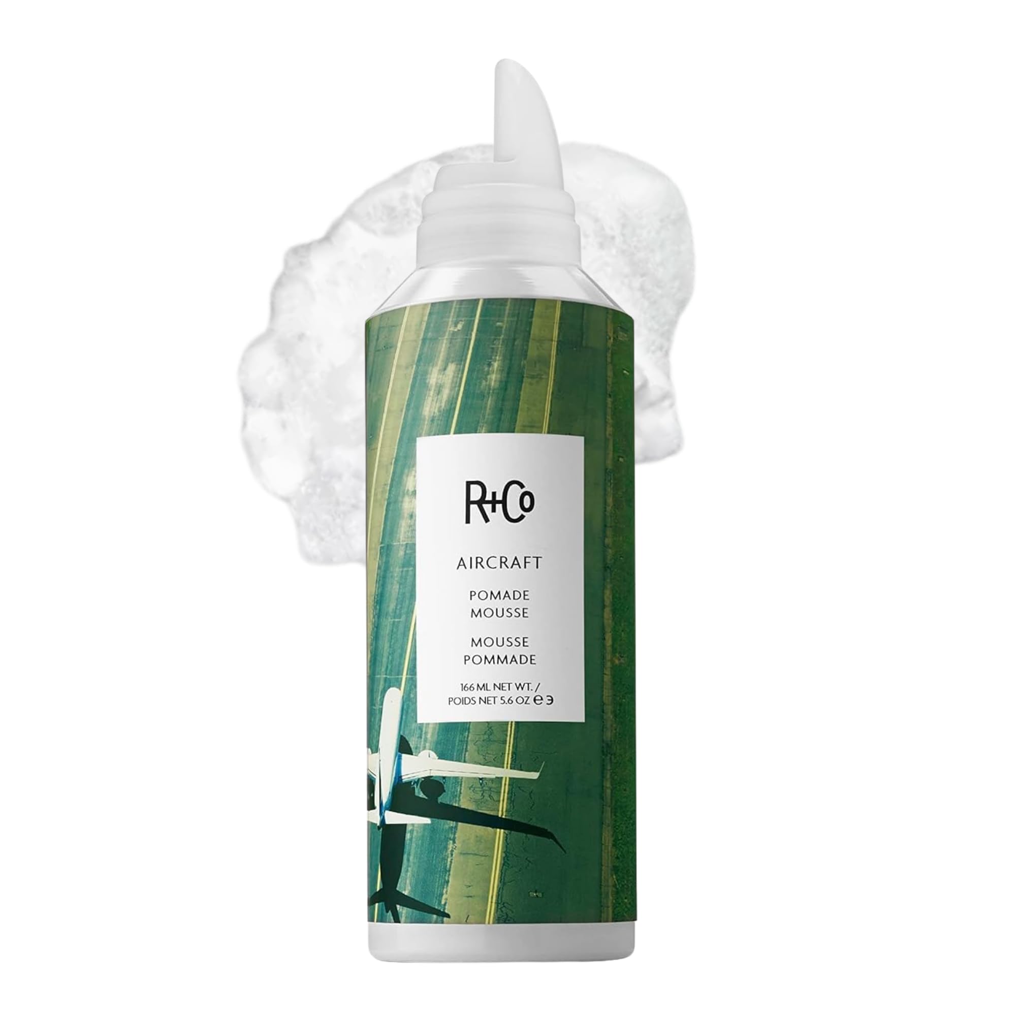 R+Co Aircraft pomade mousse frontal muestra envase y beneficio de textura ligera