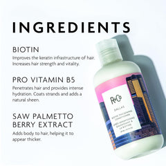 R+Co Dallas detalle de la etiqueta que muestra ingredientes y beneficios clave