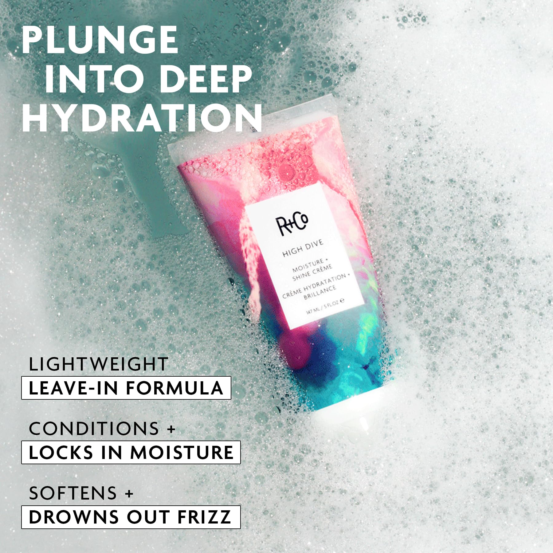 R+Co High Dive etiqueta con ingredientes clave y beneficios transparentes