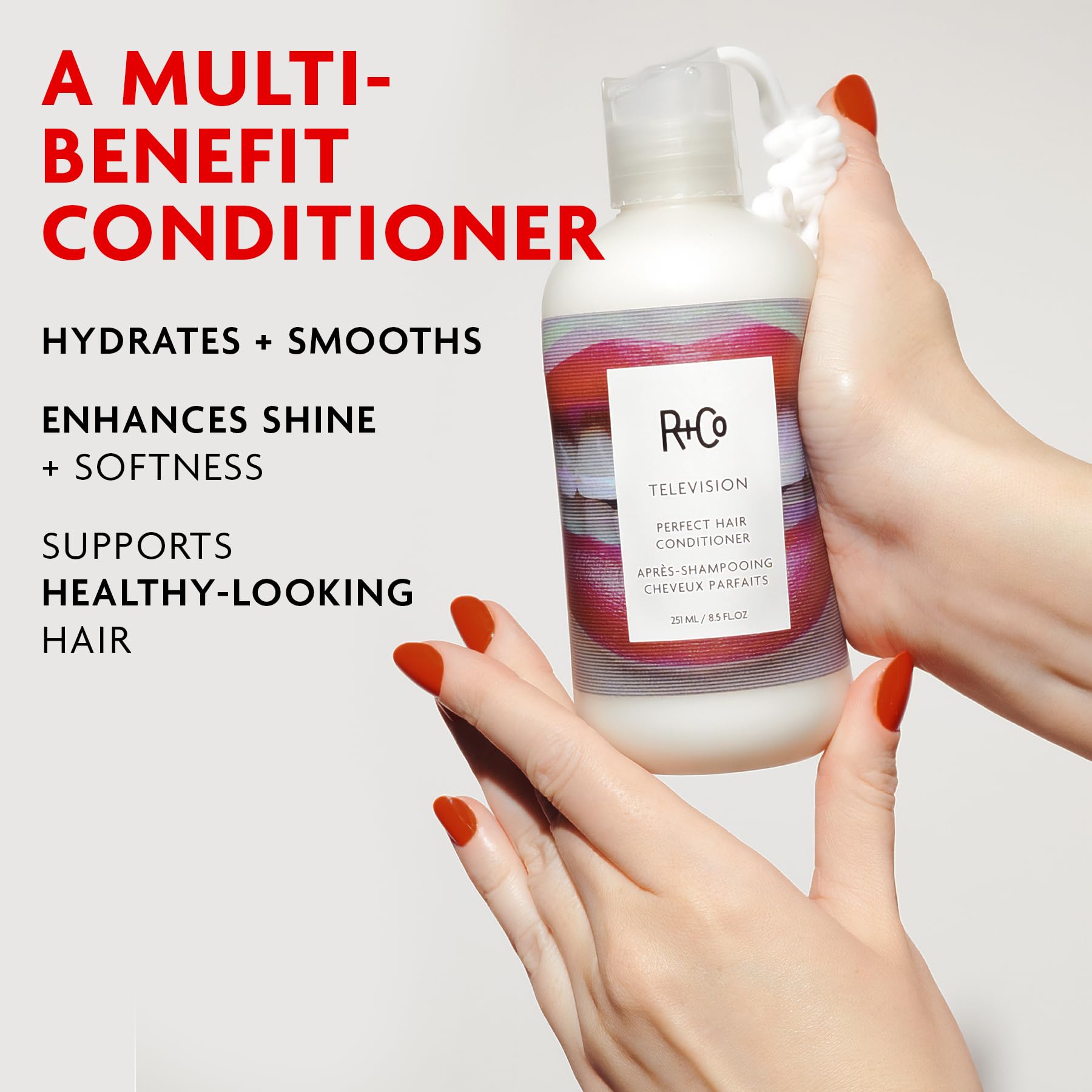 R+Co Television etiqueta del envase 8.5 oz, informa ingredientes y modo de uso