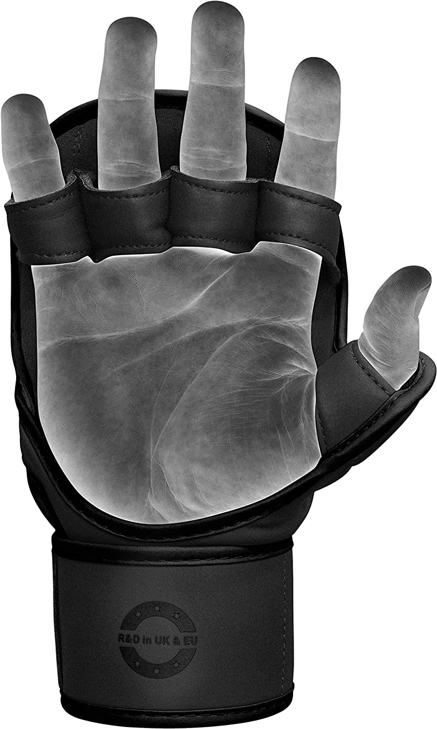 RDX guantes junto a mano para comparar tamaño y ajuste