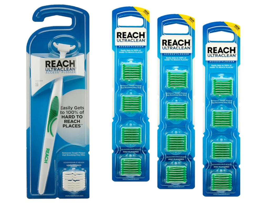 REACH frontal del kit mostrando el flosser y recambios para limpieza eficaz