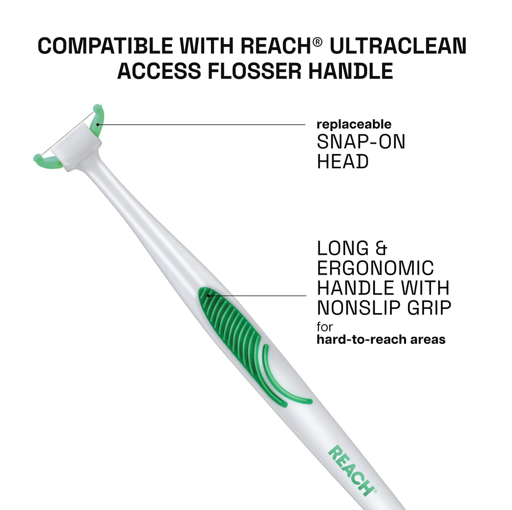 Reach flosser entre molares demostrando acceso a zonas difíciles