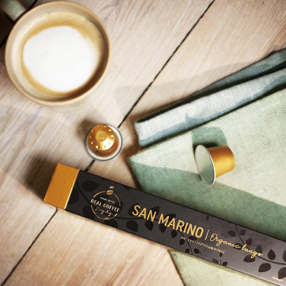Etiqueta de ingredientes y origen en cápsula REAL COFFEE, informa procedencia italiana y calidad