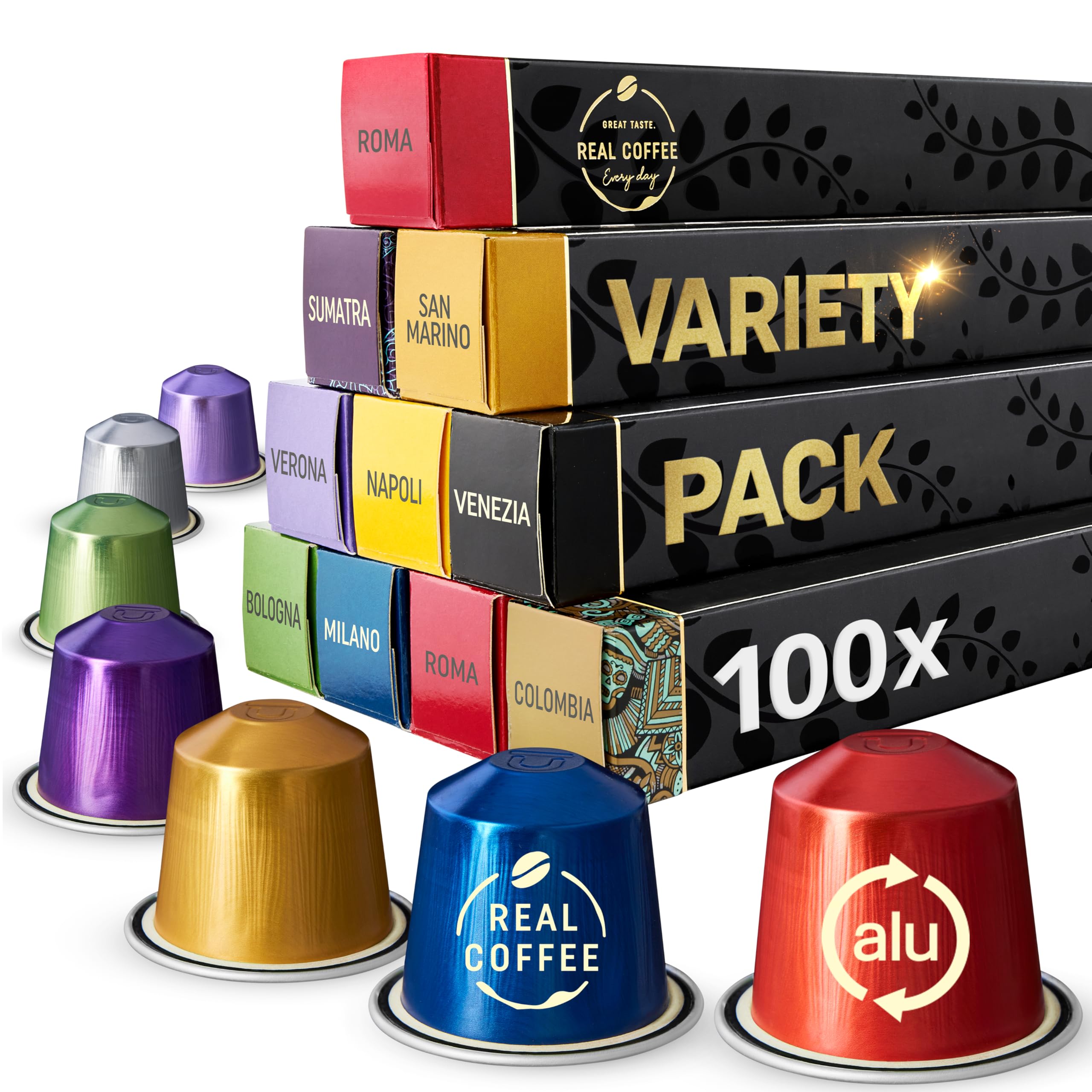 REAL COFFEE GREAT TASTE. EVERY DAY pack frontal con 100 cápsulas, variedad visible y beneficio de elección diaria