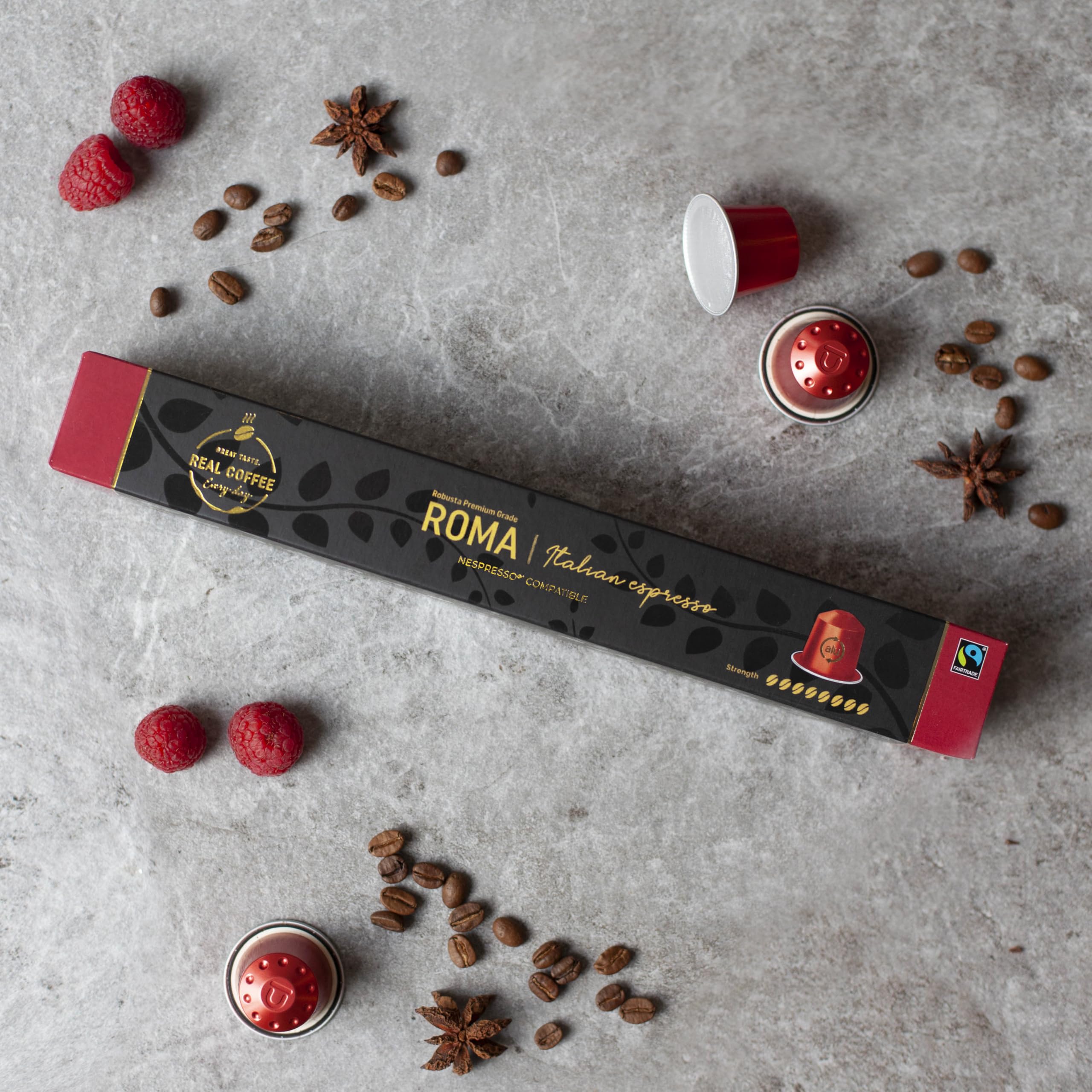 Nueve variedades de cápsulas REAL COFFEE dispuestas, facilita selección de sabores para cada momento