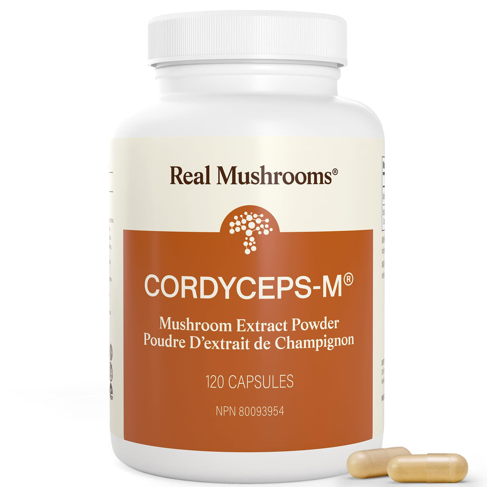 Real Mushrooms frasco frontal mostrando etiqueta y beneficios claros